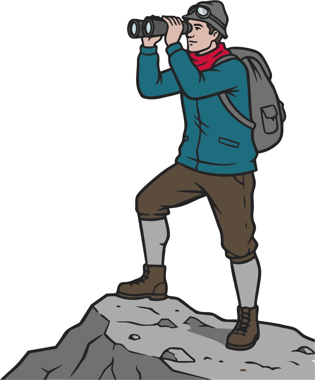 Ein Wanderer, der auf einem felsigen Gipfel steht, durch ein Fernglas schaut und einen Rucksack sowie Outdoor-Kleidung trägt. - Hotel Kristiania