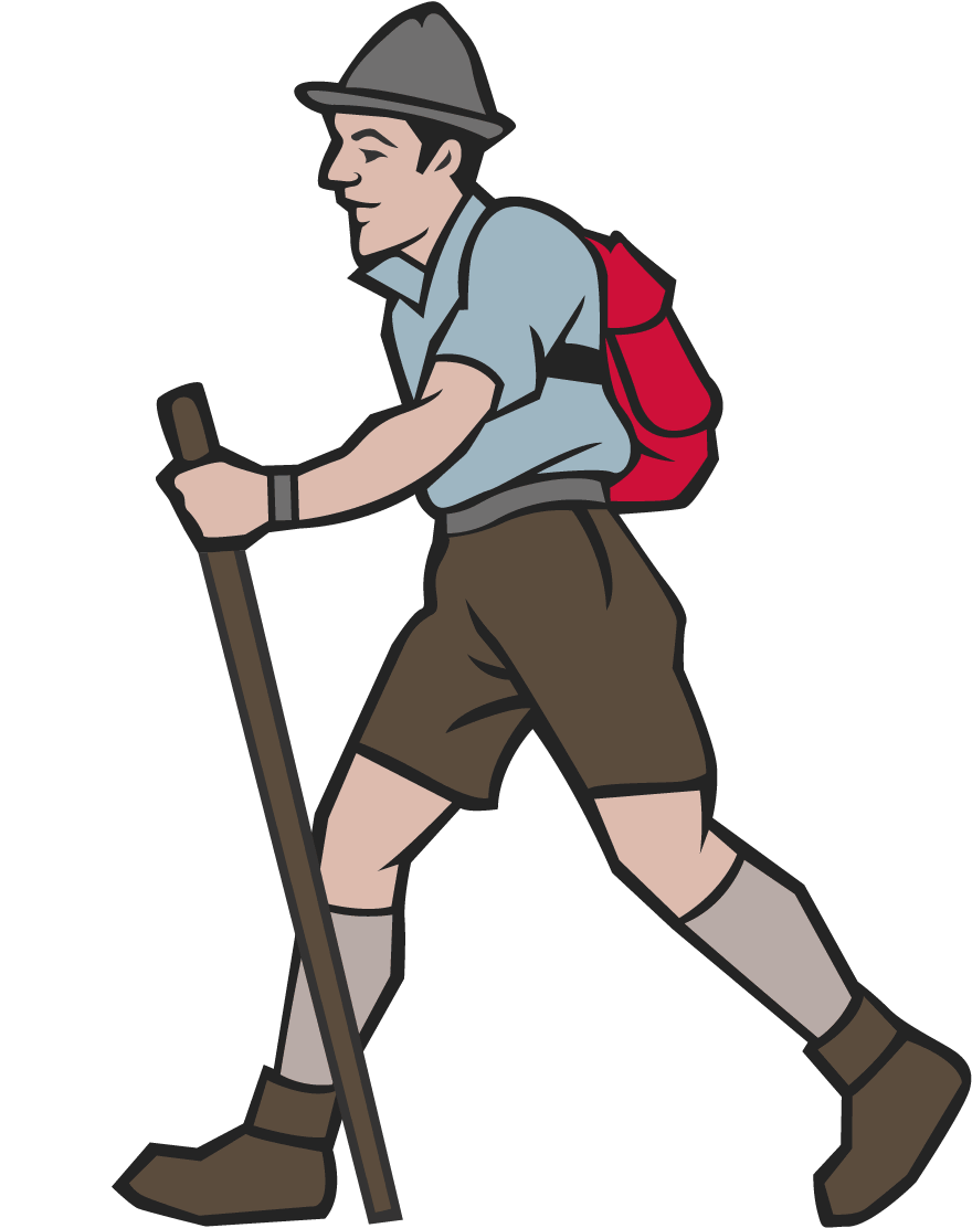 Cartoon man hiking with a walking stick, wearing a hat, shorts, boots, and a red backpack. - Hotel Kristiania