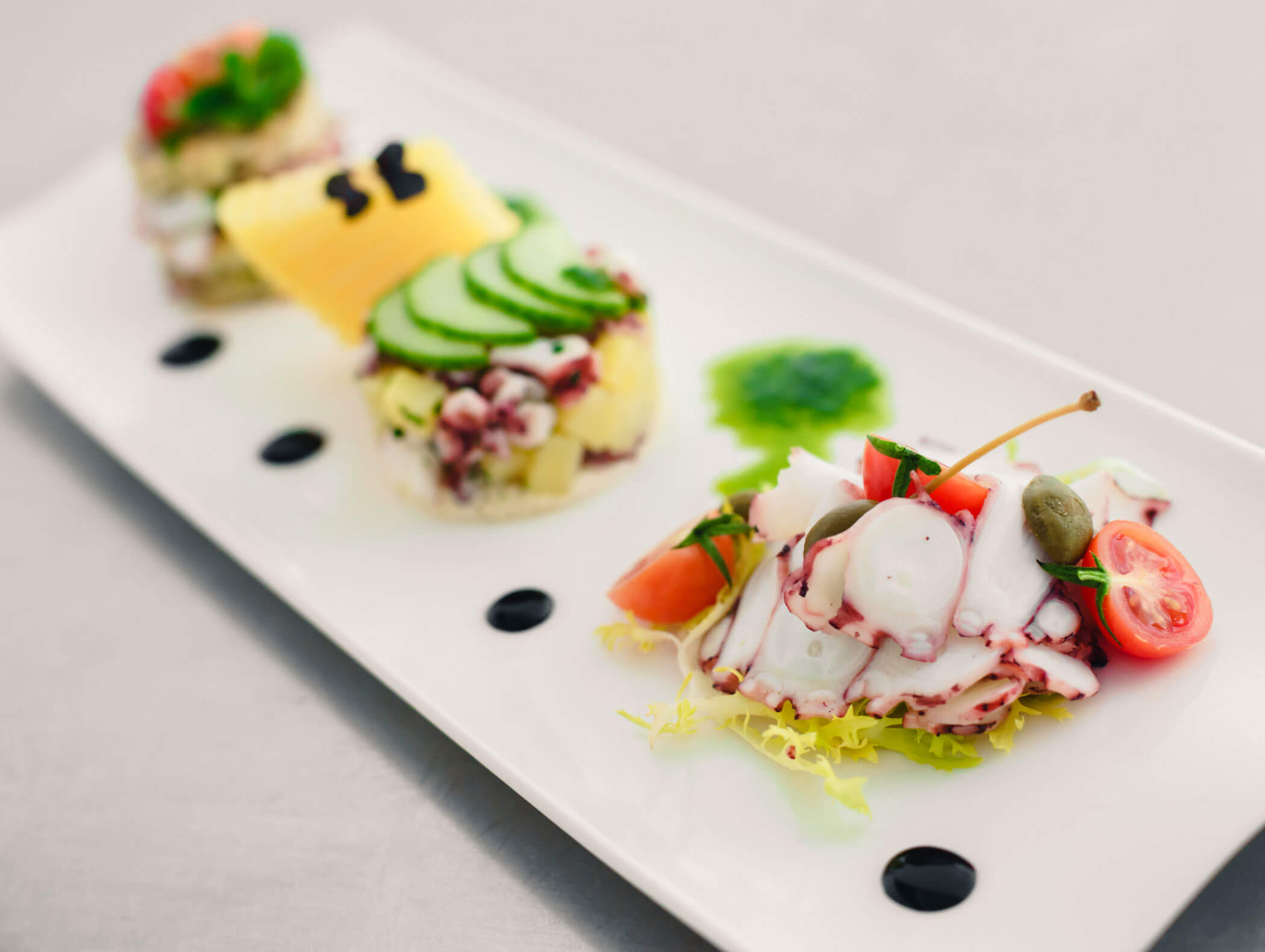 Gourmet seafood and vegetable appetizers artfully plated on a white rectangular dish with sauce dots. - Hotel Kristiania